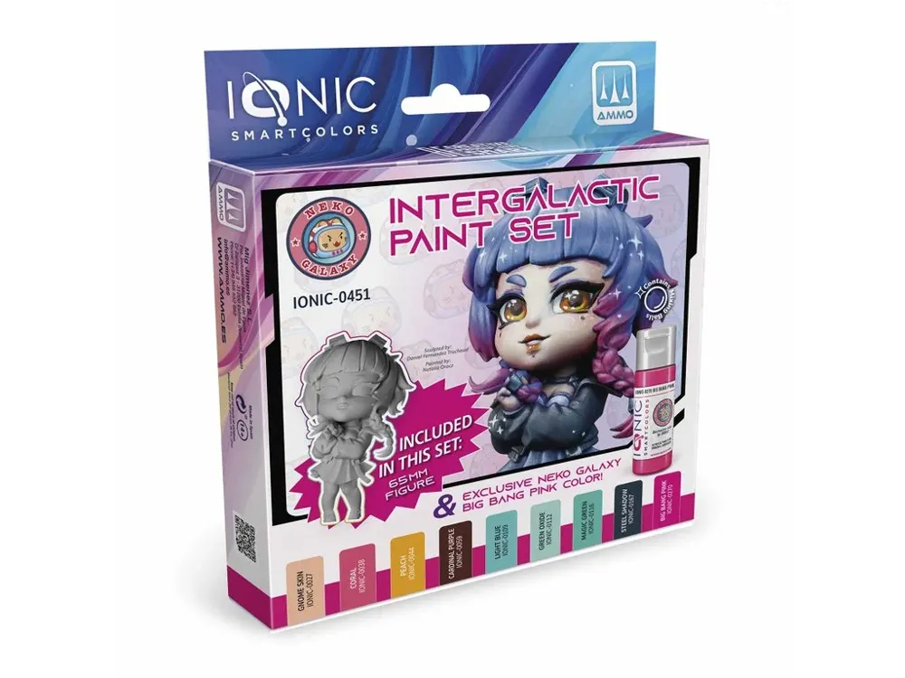 Sada IONIC Intergalactic Paint Neko Galaxy Set – devět lahviček akrylových barev 20 ml a chibi figurka