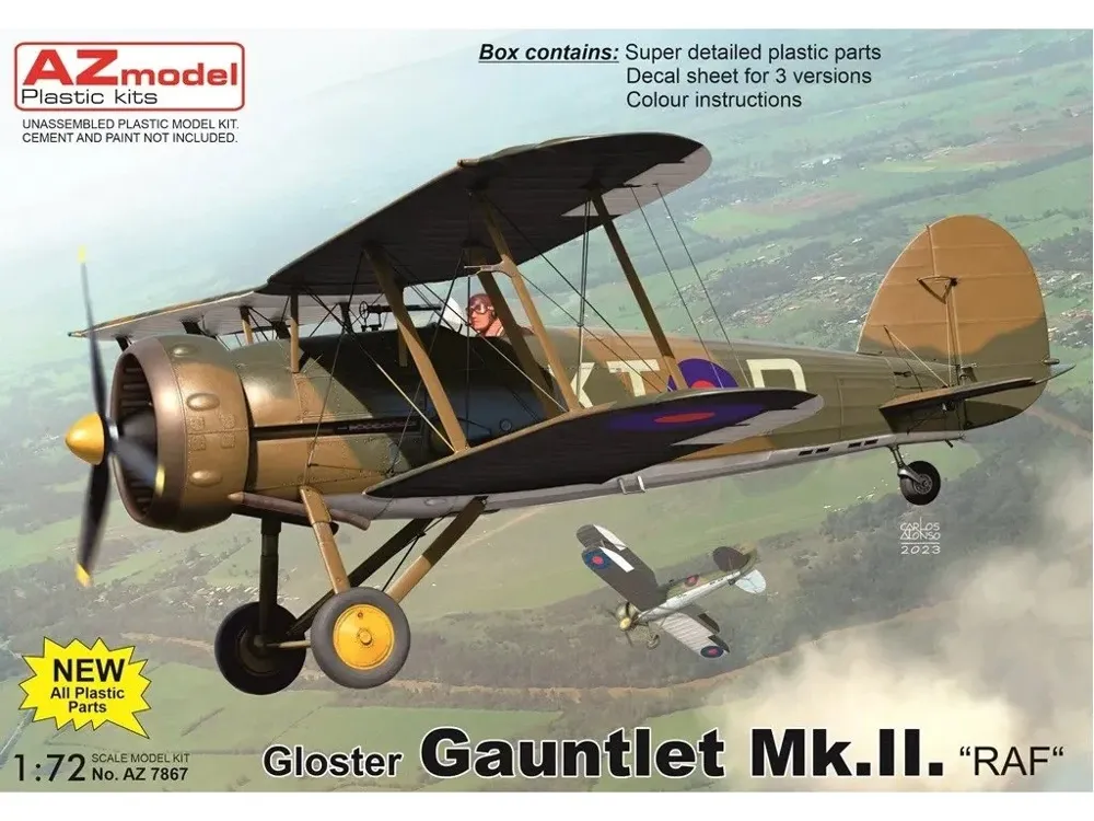 Krabice plastikové stavebnice AZ Model AZ7867 Gloster Gauntlet Mk.II RAF v měřítku 1/72