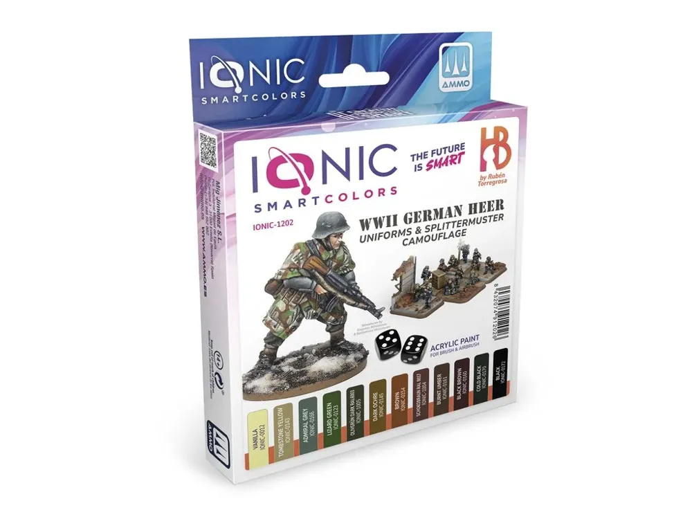 Sada 12 akrylových barev AMMO Mig IONIC 1202 Smart Acrylic Colors, uniformy Heer a Splittermuster, 20 ml