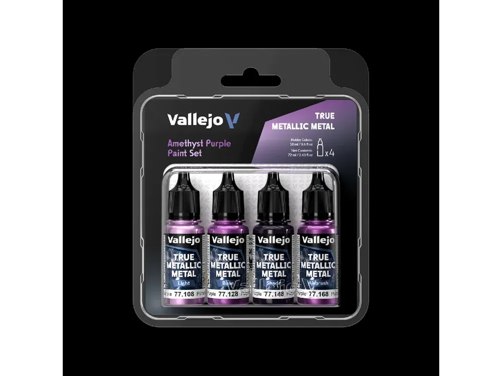 Sada čtyř barev Vallejo True Metallic Metal 77255 Amethyst Purple v lahvičkách