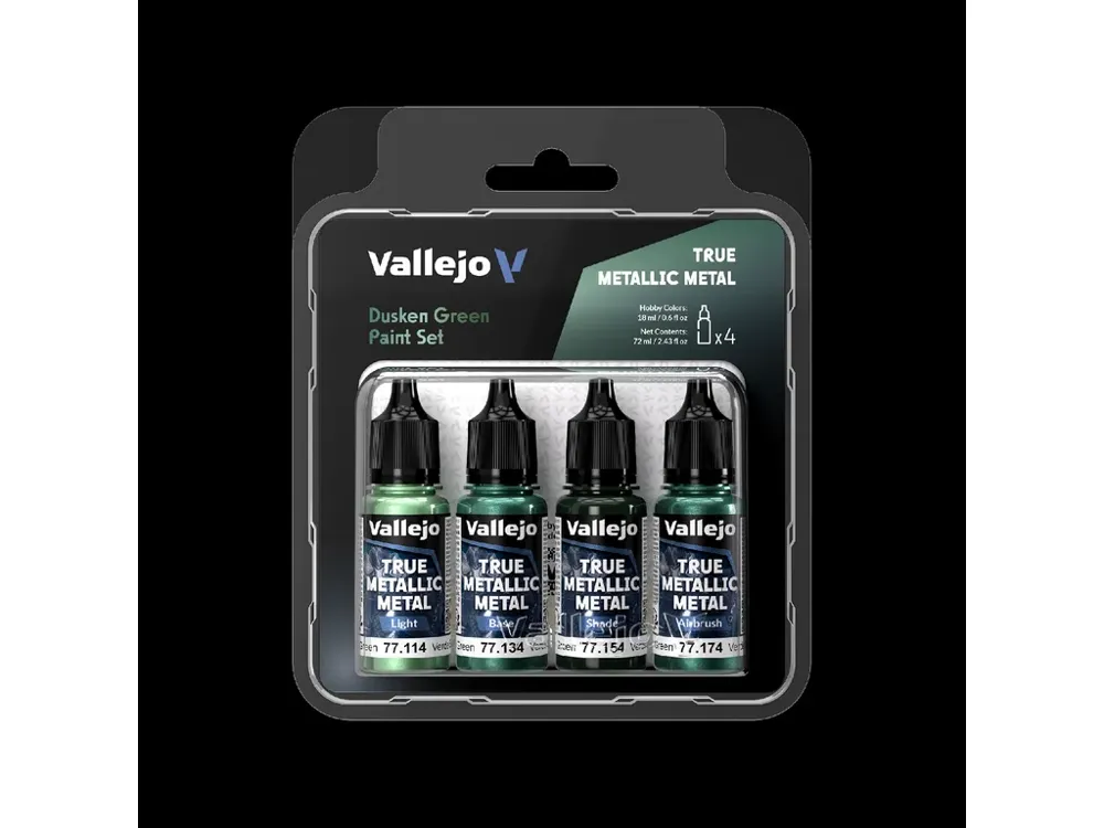 Sada čtyř akrylových metalických barev Vallejo True Metallic Metal 77257 Dusken Green