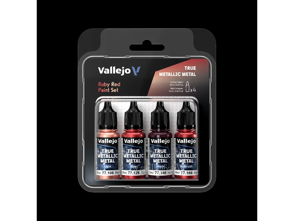 Set čtyř lahviček metalických barev Vallejo True Metallic Metal 77254 Ruby Red
