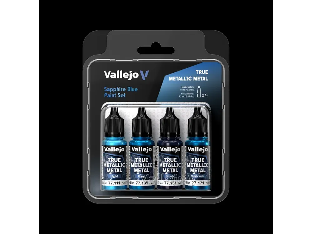 Sada čtyř lahviček Vallejo True Metallic Metal 77256 safírově modrá (Sapphire Blue)