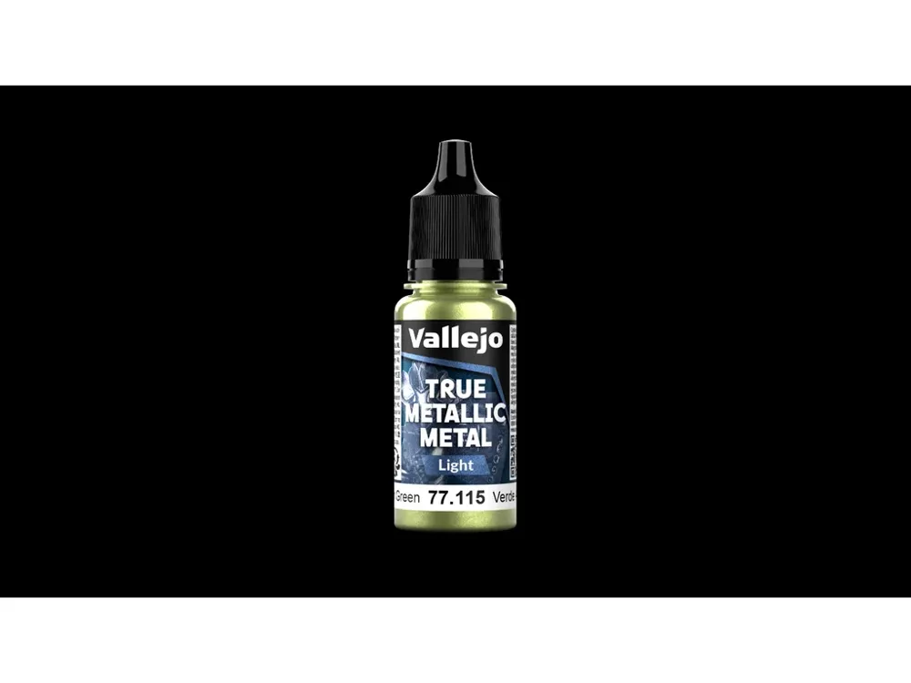 Lahvička akrylové metalické barvy Vallejo True Metallic Metal 77115 Amber Green Light 18 ml