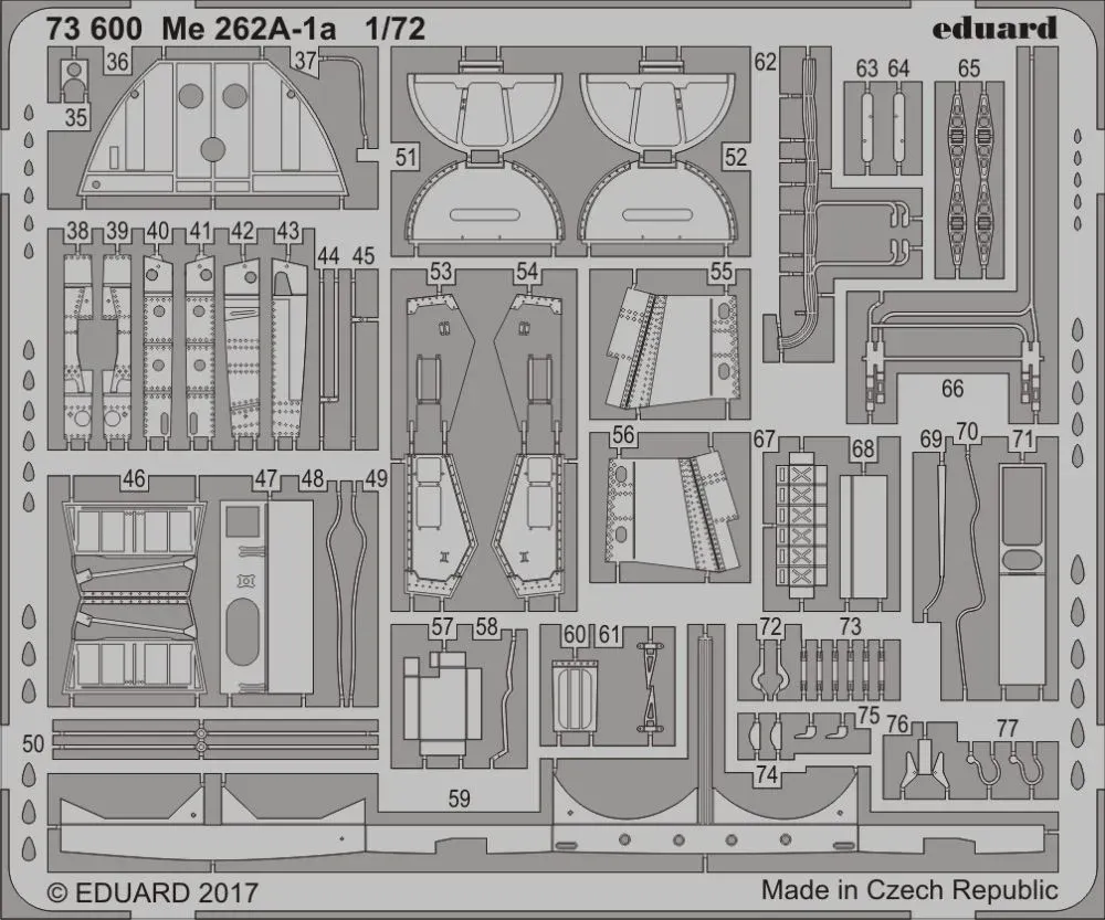 Fotolepty Eduard 73600 pro Me 262A-1a v měřítku 1/72, barevné fotoleptané díly na plechu