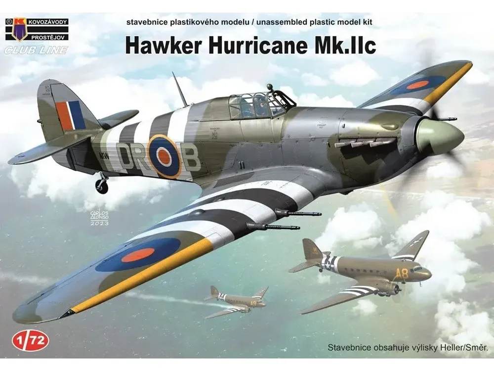 Krabice stavebnice Kovozávody Prostějov Club Line CLK0012 Hawker Hurricane Mk.IIc v měřítku 1/72