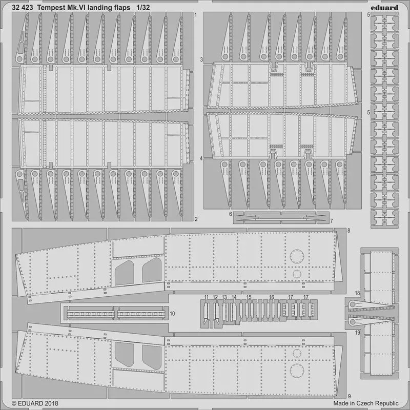Fotoleptaná sada Eduard 32423 vztlakové klapky pro Tempest Mk.VI v měřítku 1/32
