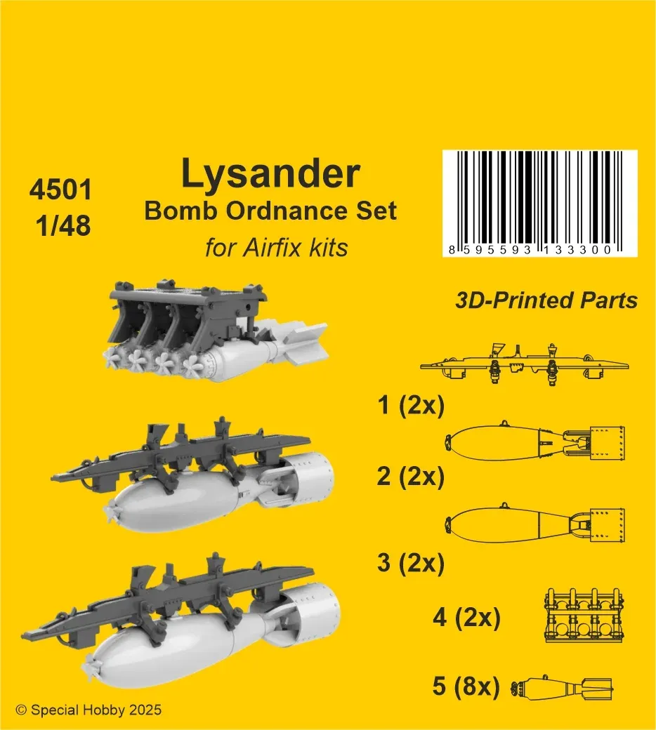 Resinová sada pumové výzbroje CMK 4501 pro Lysander 1/48 — pumy a závěsníky