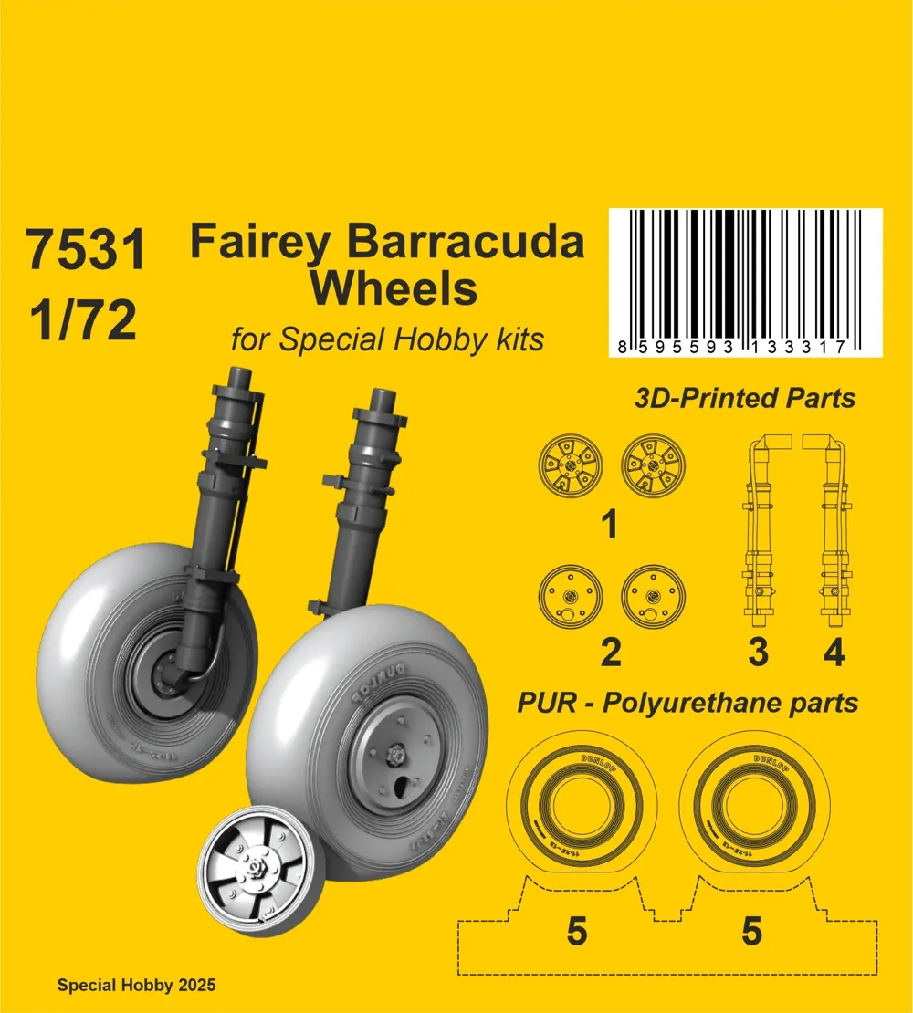 Resinová kola CMK 7531 pro Fairey Barracuda v měřítku 1/72 pro stavebnice Special Hobby