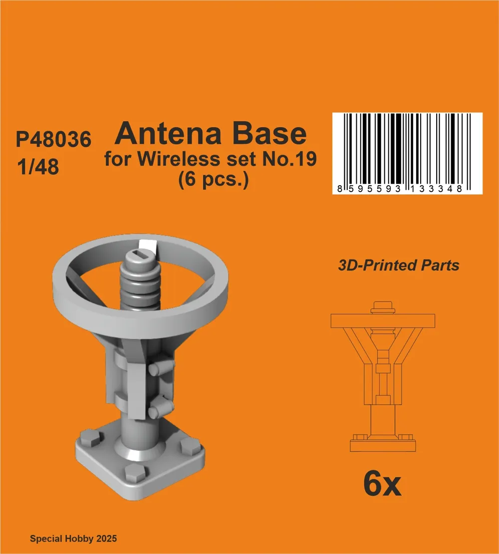 3D tištěné základny antén CMK P48036 pro Wireless Set No.19 v měřítku 1/48, 6 kusů