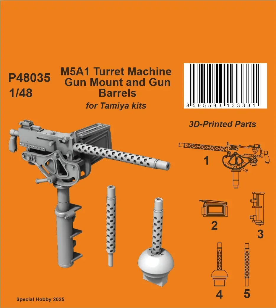 3D tištěný set CMK P48035 1/48 – držák kulometu a hlavně do věže tanku M5A1 Stuart