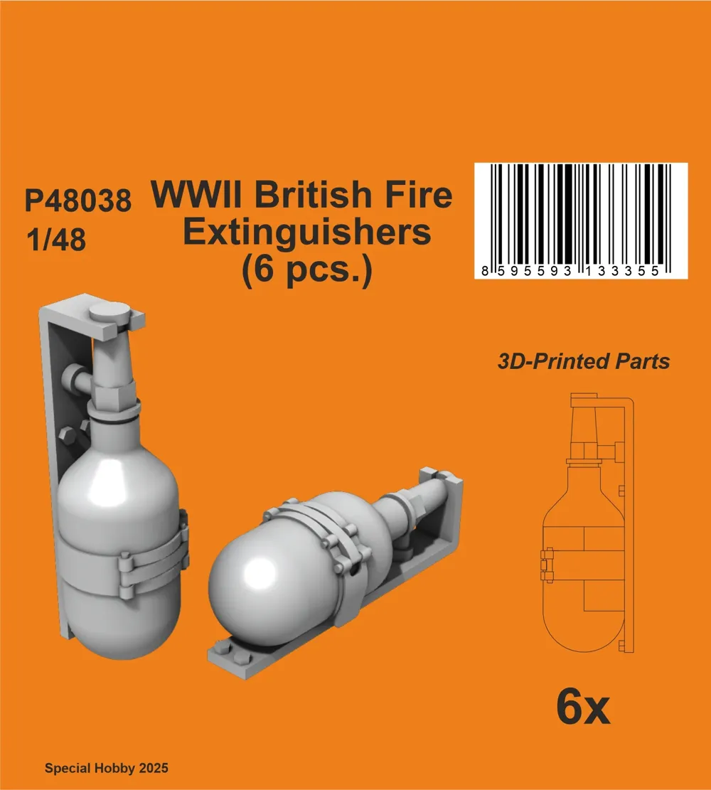 Sada CMK P48038 – šest 3D tištěných britských hasicích přístrojů v měřítku 1/48