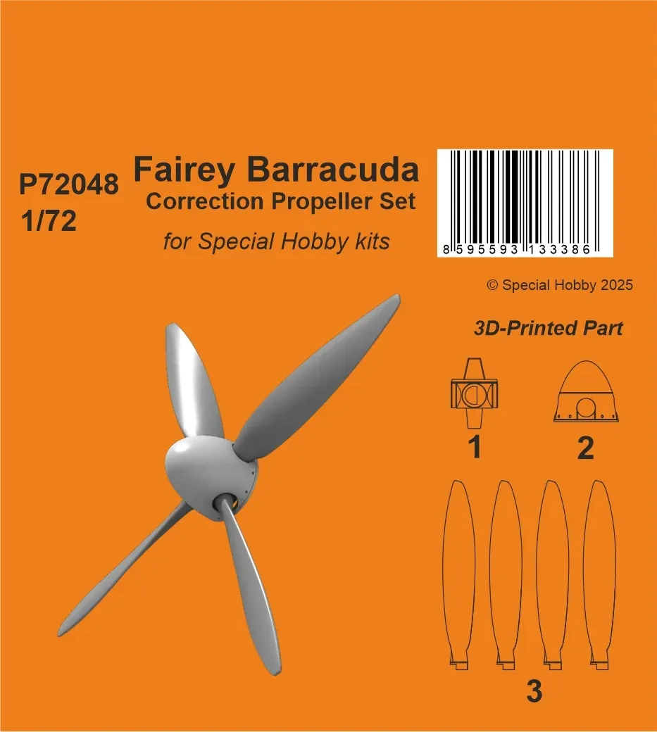 3D tištěná korekční vrtule CMK P72048 pro Fairey Barracuda v měřítku 1/72