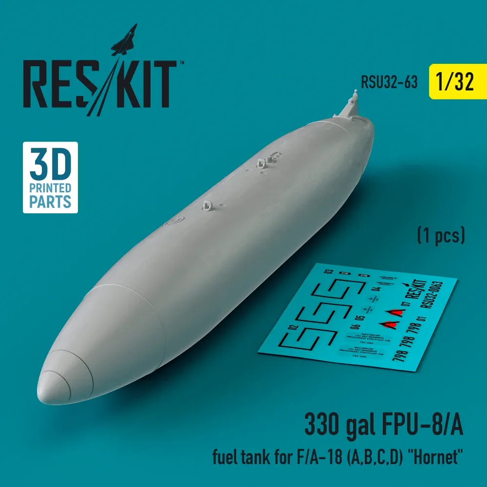 3D tištěná přídavná palivová nádrž Reskit RSU32-0063 330 gal FPU-8/A pro F/A-18 Hornet v měřítku 1/32
