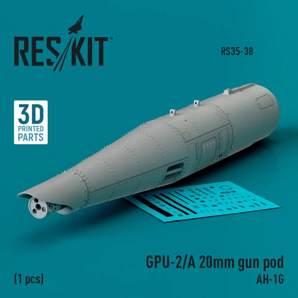 3D tištěný kontejner kanónu Reskit RS35-0038 GPU-2/A 20mm pro AH-1G v měřítku 1/35