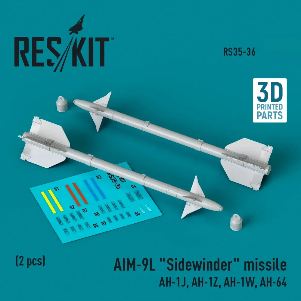 3D tištěné rakety Reskit RS35-0036 AIM-9L Sidewinder v měřítku 1/35, 2 díly