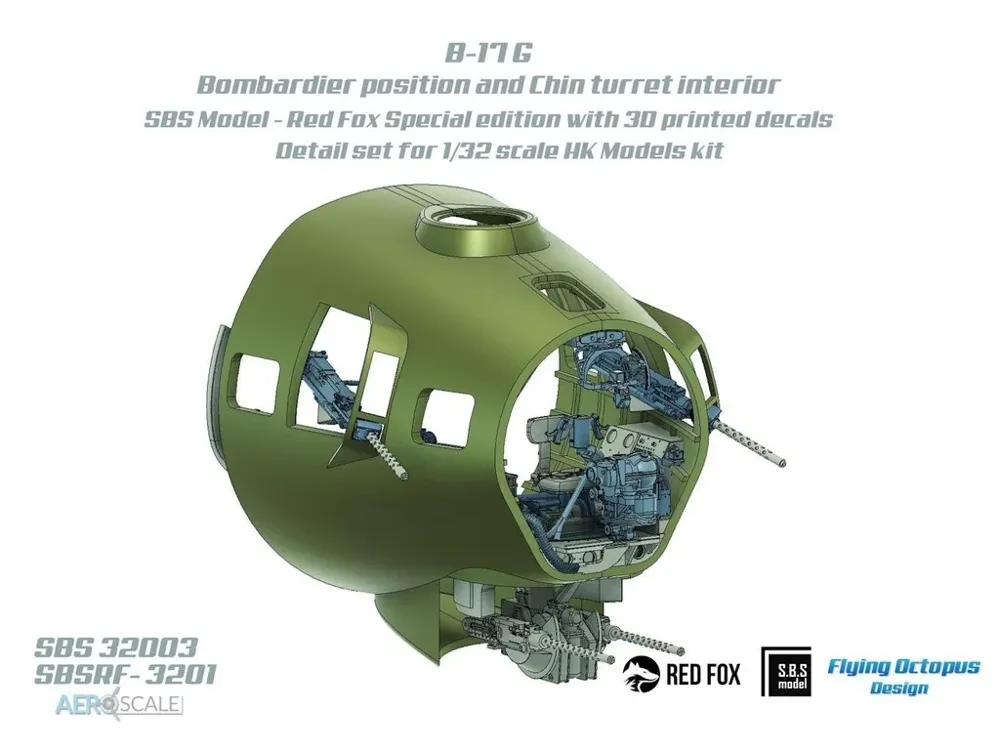 Barevně 3D tištěné díly detailního setu Red Fox Studio SBSRF-3201 pro B-17G v měřítku 1/32
