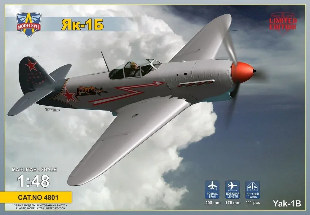 Krabice stavebnice ModelSvit MSVIT4801 Jak-1B v měřítku 1/48, sovětská stíhačka