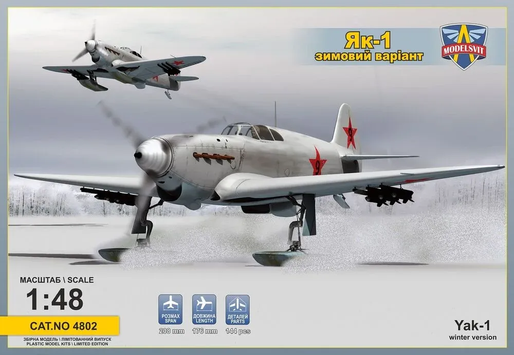 Stavebnice ModelSvit 4802 Yak-1 sovětský stíhací letoun na lyžích v měřítku 1/48