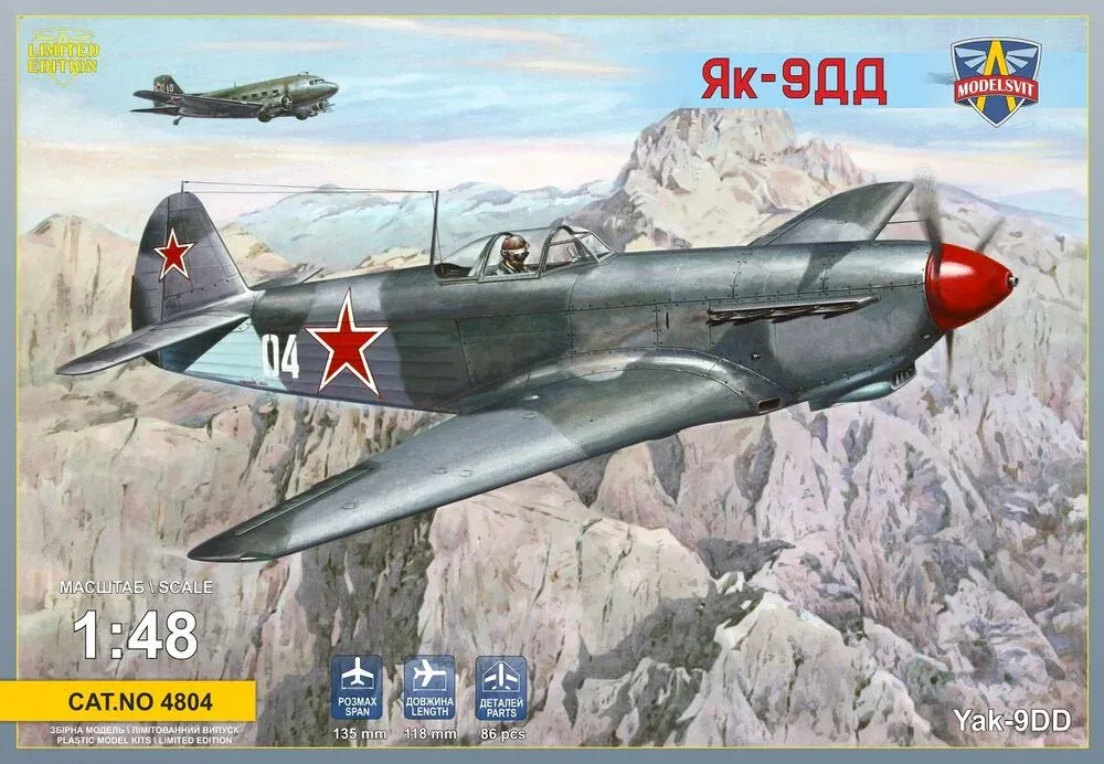 Krabice plastikové stavebnice ModelSvit 4804 Yak-9DD v měřítku 1/48
