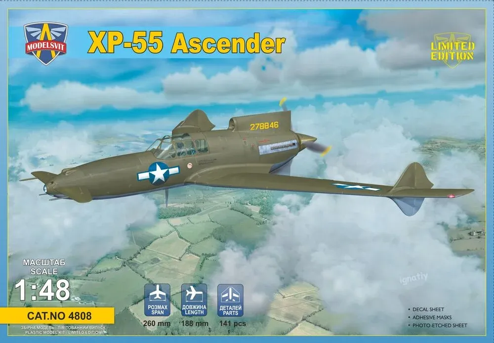 Krabice stavebnice ModelSvit 4808 Curtiss XP-55 Ascender v měřítku 1/48