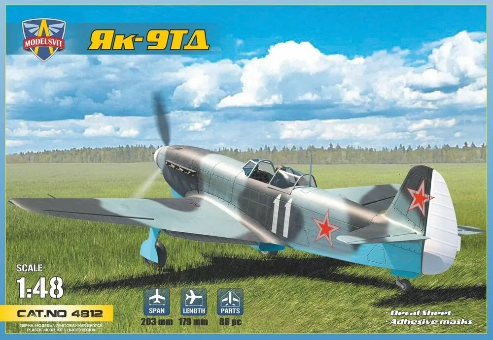 Krabice plastikové stavebnice ModelSvit 4812 Yak-9 TD v měřítku 1/48
