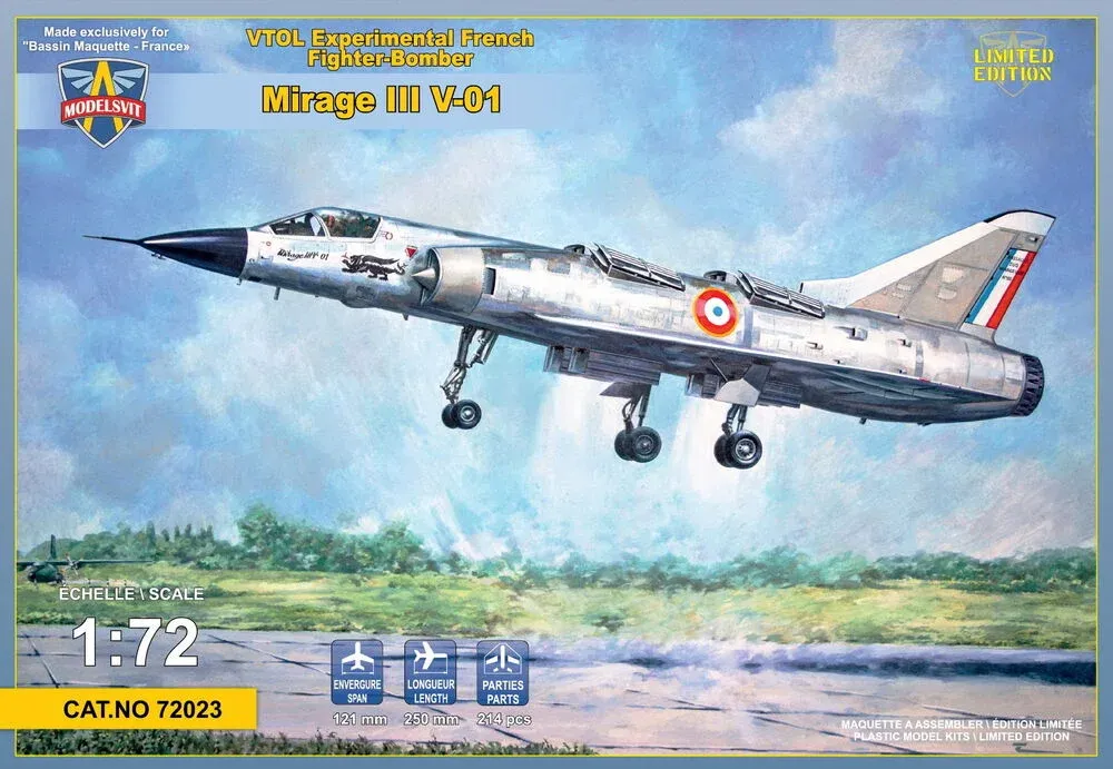 Krabice plastikové stavebnice ModelSvit 72023 Mirage III V-01 francouzský VTOL v měřítku 1/72