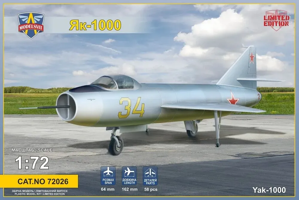 Krabice plastikové stavebnice ModelSvit 72026 Yak-1000 nadzvukový demonstrátor v měřítku 1/72