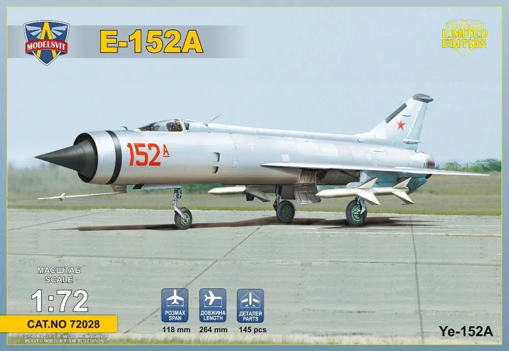 Krabice plastikové stavebnice ModelSvit 1/72 Je-152A, sovětský dvoumotorový prototyp přepadového stíhače