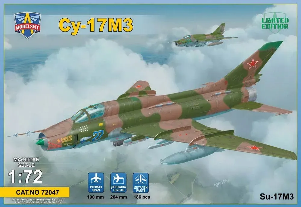 Krabice plastikové stavebnice ModelSvit 1/72 Su-17M3, sovětský stíhací bombardér