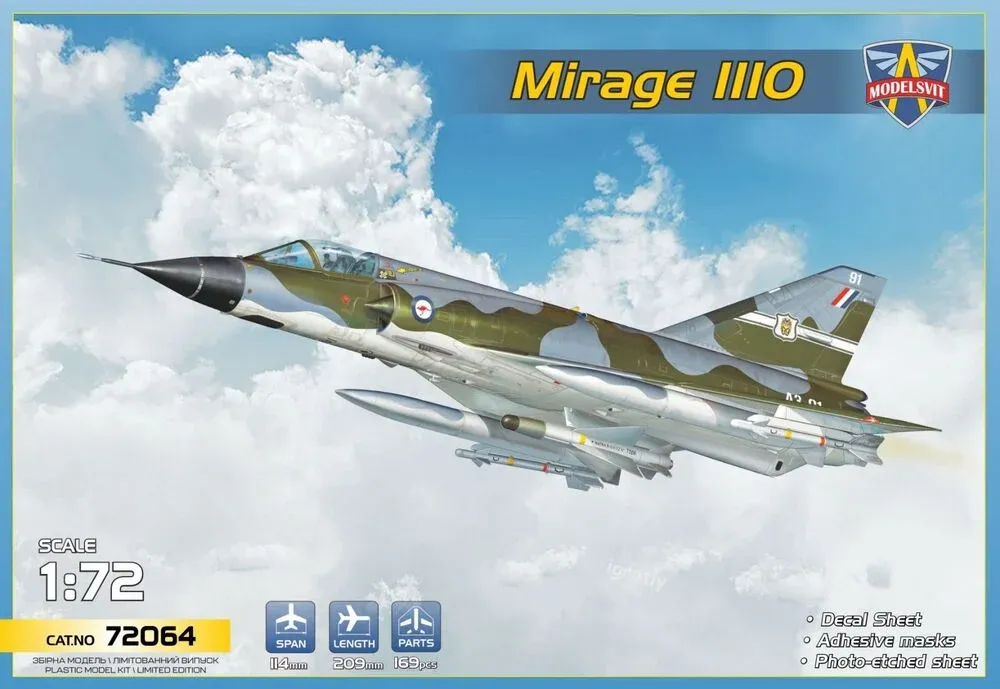 Krabice stavebnice ModelSvit 72064 Mirage IIIO v měřítku 1/72 s přepadovým stíhačem