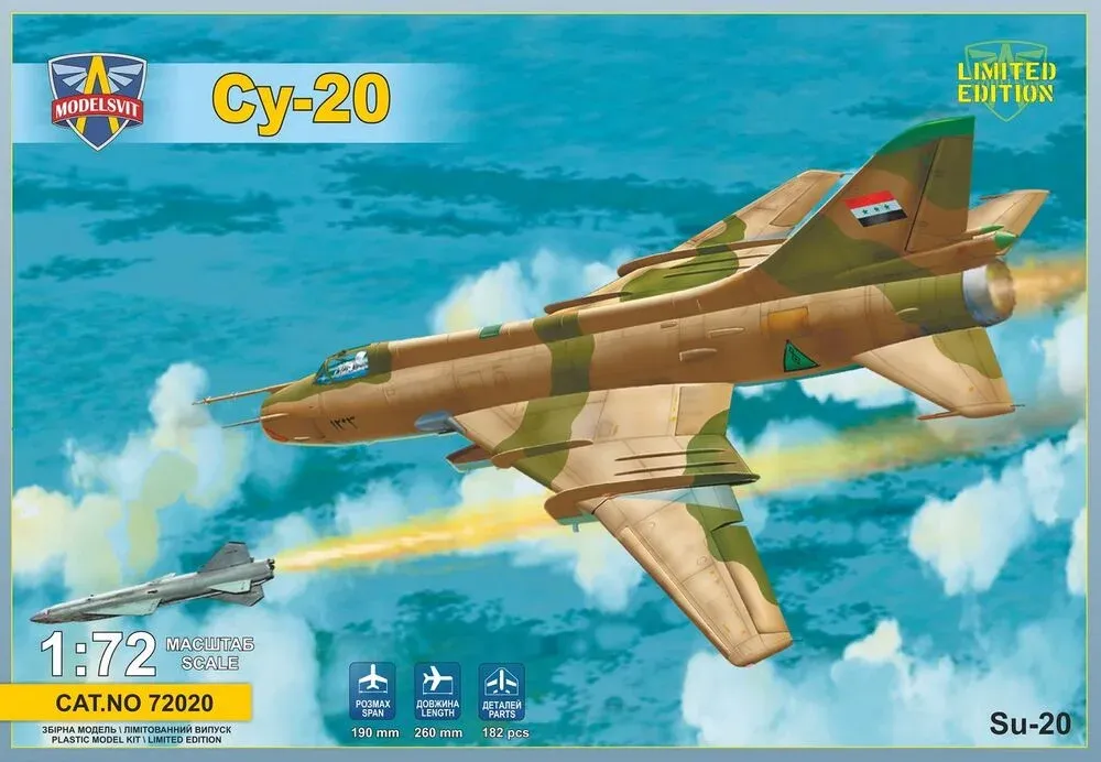 Krabice plastikové stavebnice ModelSvit 72020 Su-20 s raketou Kh-28 v měřítku 1/72