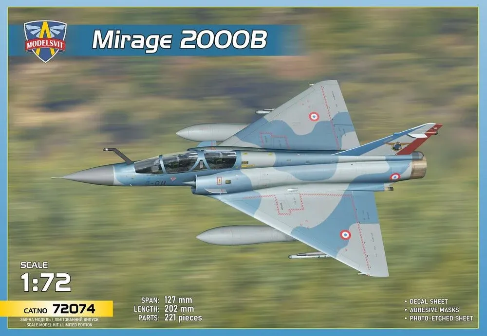 Krabice plastikové stavebnice ModelSvit 72074 Mirage 2000B v měřítku 1/72