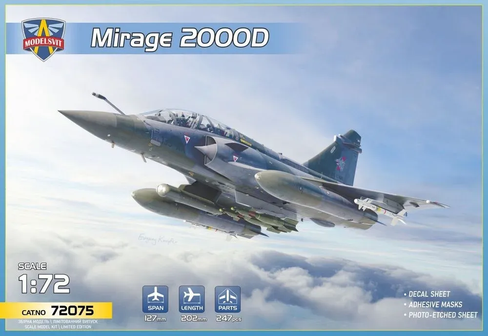Plastiková stavebnice ModelSvit 72075 Mirage 2000D se střelou SCALP-EG v měřítku 1/72