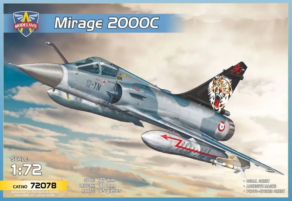 Krabice plastikové stavebnice ModelSvit 72078 Mirage 2000C v měřítku 1/72
