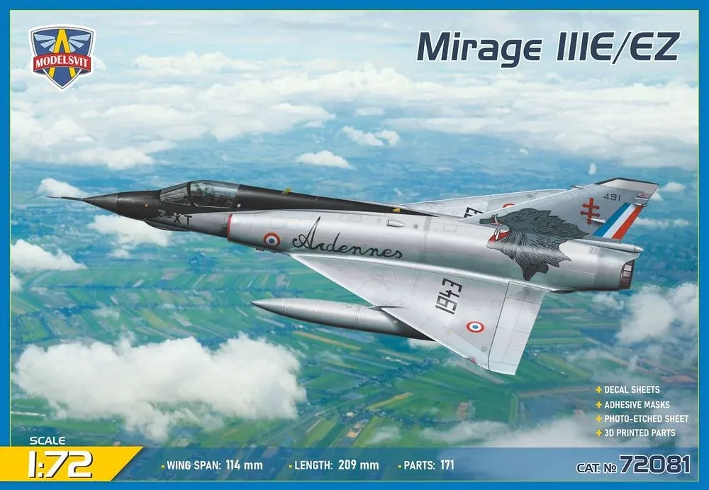 Krabice stavebnice ModelSvit Mirage IIIE/EZ v měřítku 1/72 s rámy plastových dílů
