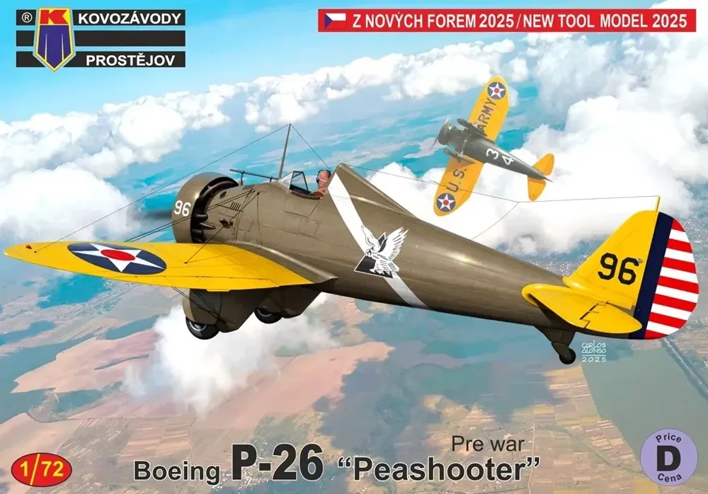 Krabice plastikové stavebnice Kovozávody Prostějov KPM0517 Boeing P-26 Peashooter v měřítku 1/72