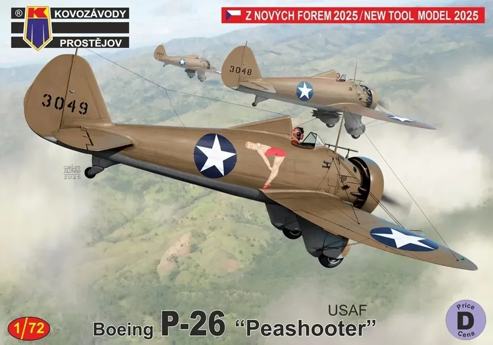 Krabice stavebnice Kovozávody Prostějov KPM0516 Boeing P-26 Peashooter USAF v měřítku 1/72
