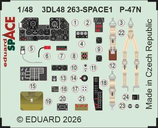 Sada Eduard SPACE 3DL48263 P-47N 1/48 — aršík 3D obtisků a ocelových leptaných dílů