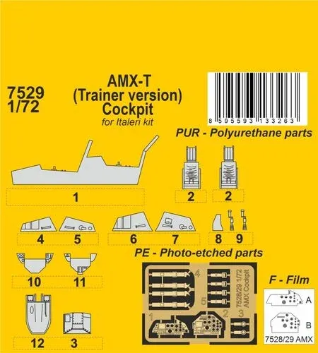 Resinové díly a fotolepty sady CMK 7529 kokpit AMX-T v měřítku 1/72