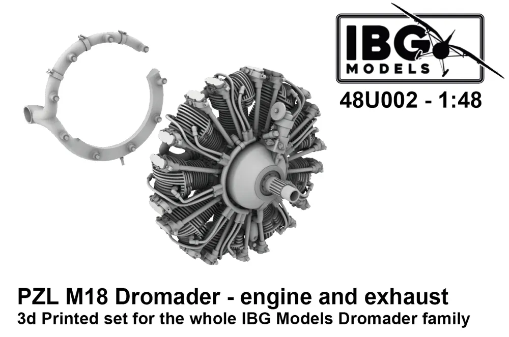3D tištěný set IBG Models 48U002 motor a výfuk pro PZL M18 Dromader v měřítku 1/48