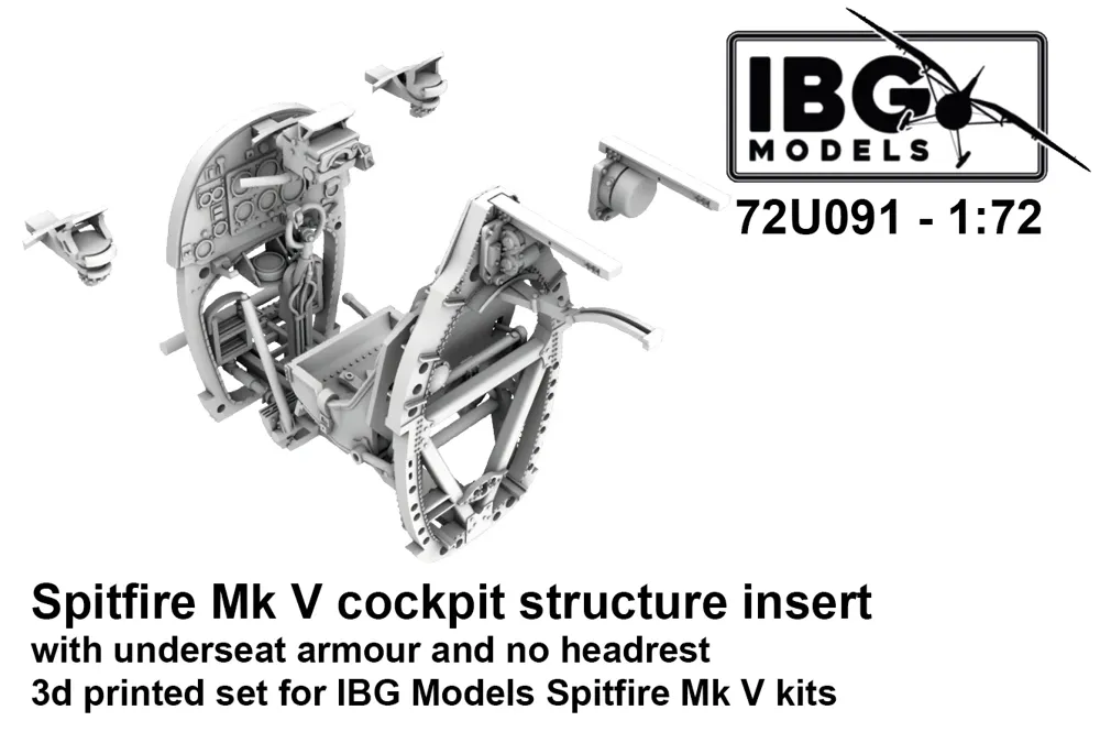 3D tištěná vložka konstrukce kokpitu IBG Models 72U091 Spitfire Mk.V v měřítku 1/72