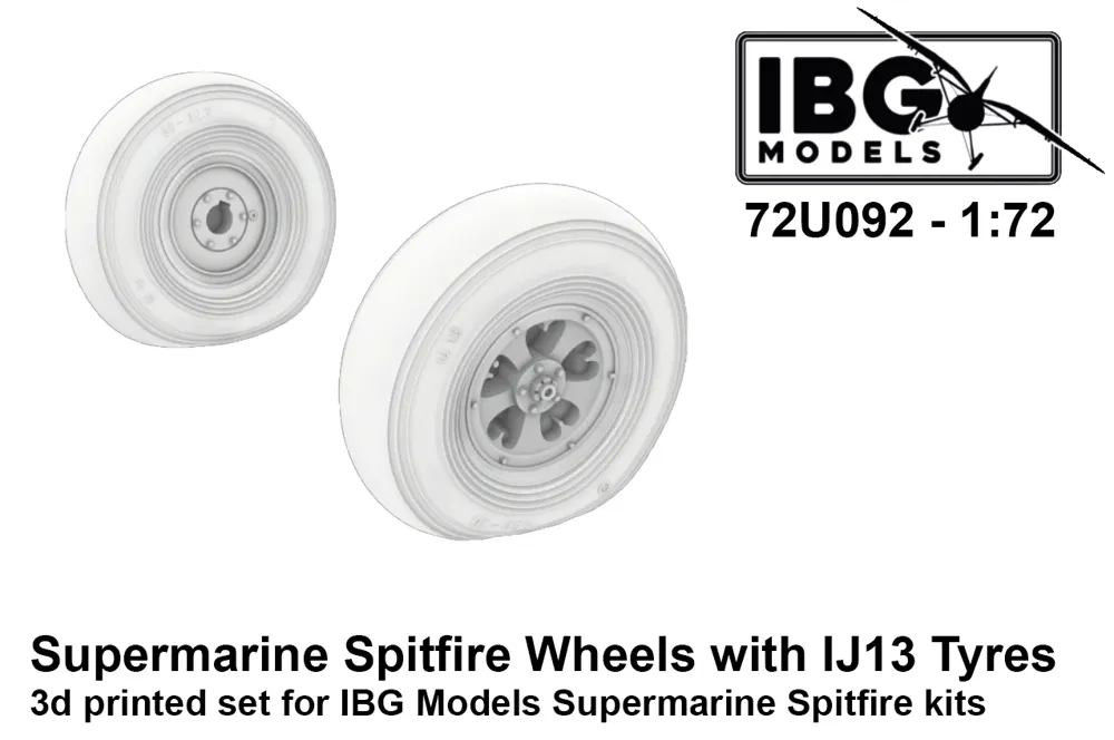 3D tištěná kola IBG Models 72U092 s pneumatikami IJ13 pro Supermarine Spitfire v měřítku 1/72