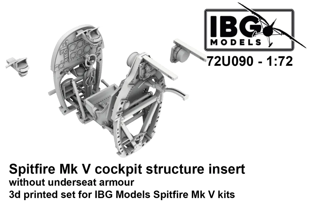 3D tištěná vložka konstrukce kokpitu IBG Models 72U090 pro Spitfire Mk.V v měřítku 1/72