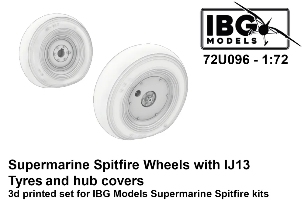 3D tištěná kola IBG Models 72U096 pro Supermarine Spitfire 1/72 s pneumatikami IJ13 a kryty nábojů