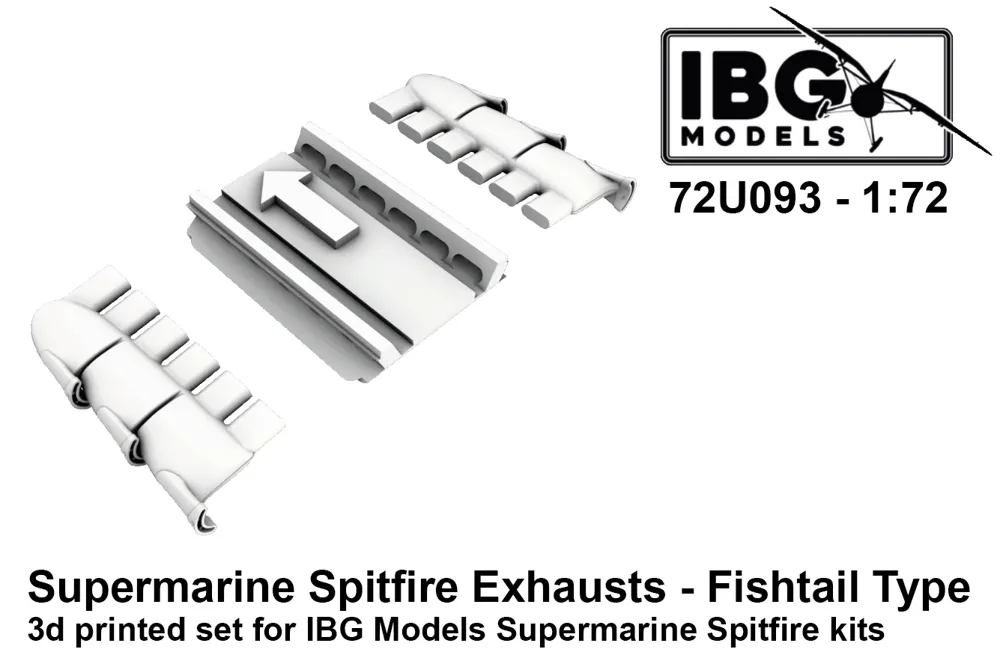 3D tištěné výfuky IBG Models 72U093 typu Fishtail pro Spitfire v měřítku 1/72