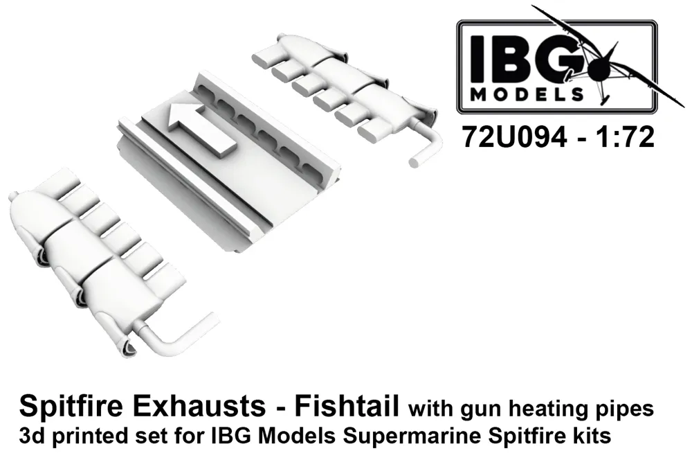 3D tištěný set výfuků IBG Models 72U094 typu Fishtail pro Spitfire v měřítku 1/72