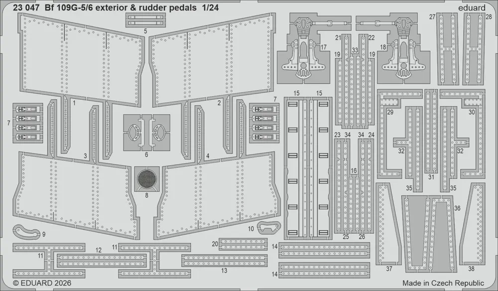 Fotoleptaná sada Eduard 23047 Bf 109G-5/6 exteriér a pedály směrovky v měřítku 1/24
