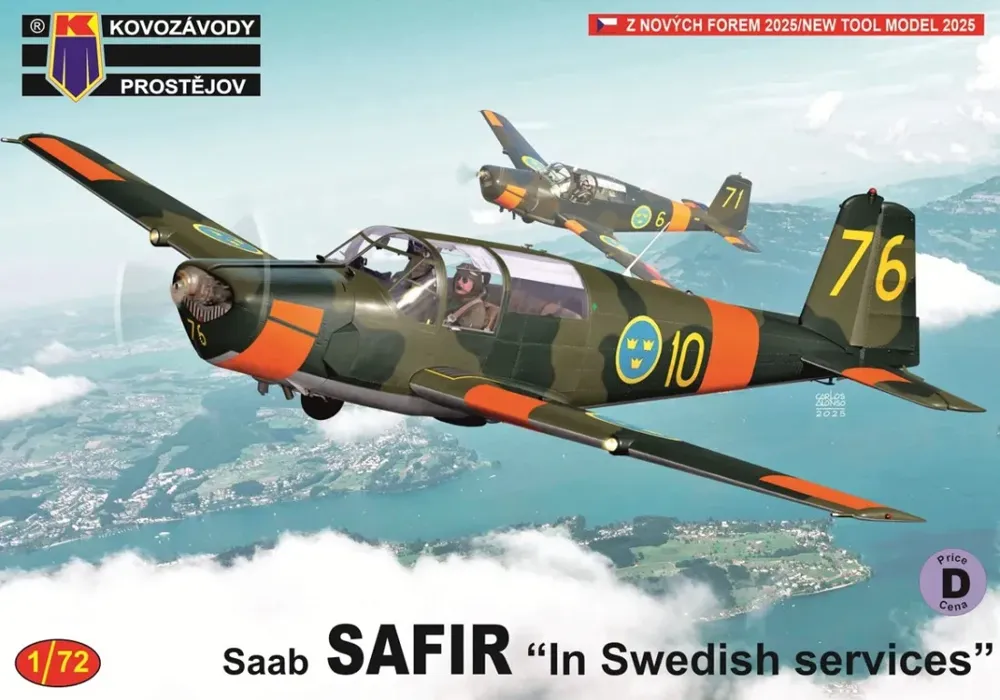 Krabice plastikové stavebnice Kovozávody Prostějov KPM0523 SAAB Safir 1/72 ve švédských službách