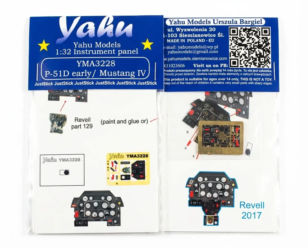 Barevný leptaný přístrojový panel Yahu Models YMA3228 pro P-51D Mustang v měřítku 1/32